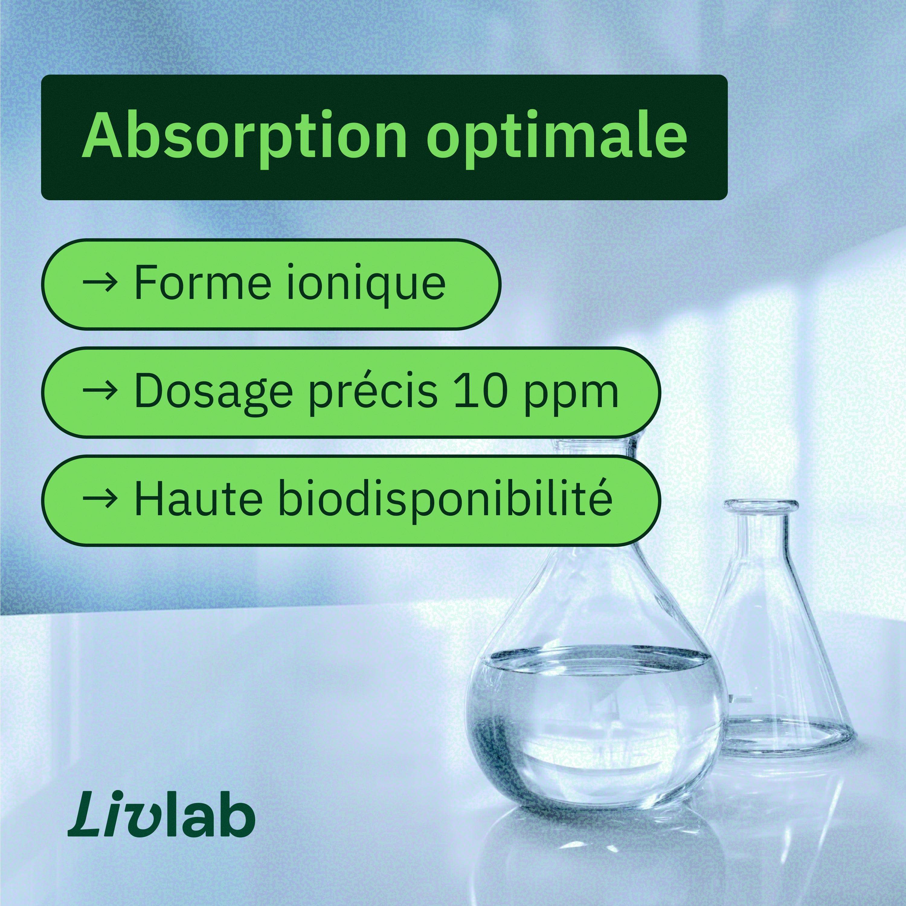 Livlab Fer Colloïdal 10 PPM in a 500 ml bottle, showcasing the label and liquid contents against a white background.