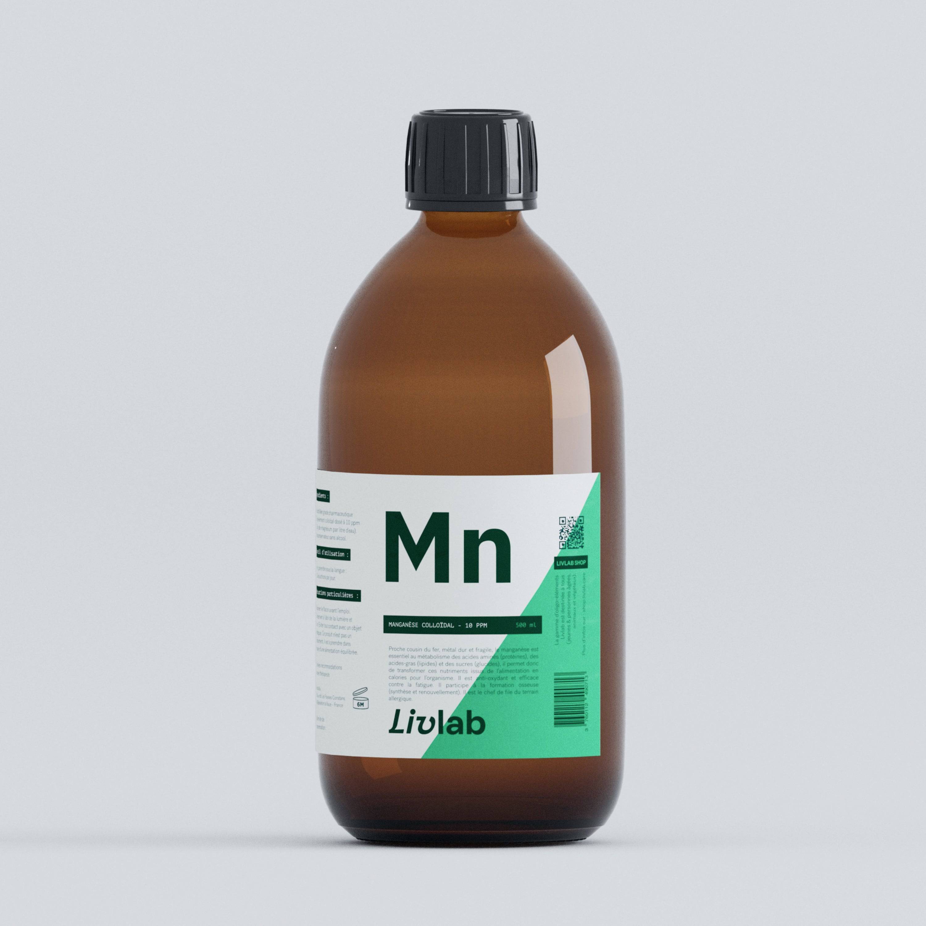 Colloidal manganese 10 PPM in a 500 ml bottle by Livlab, featuring clear liquid and detailed label design.