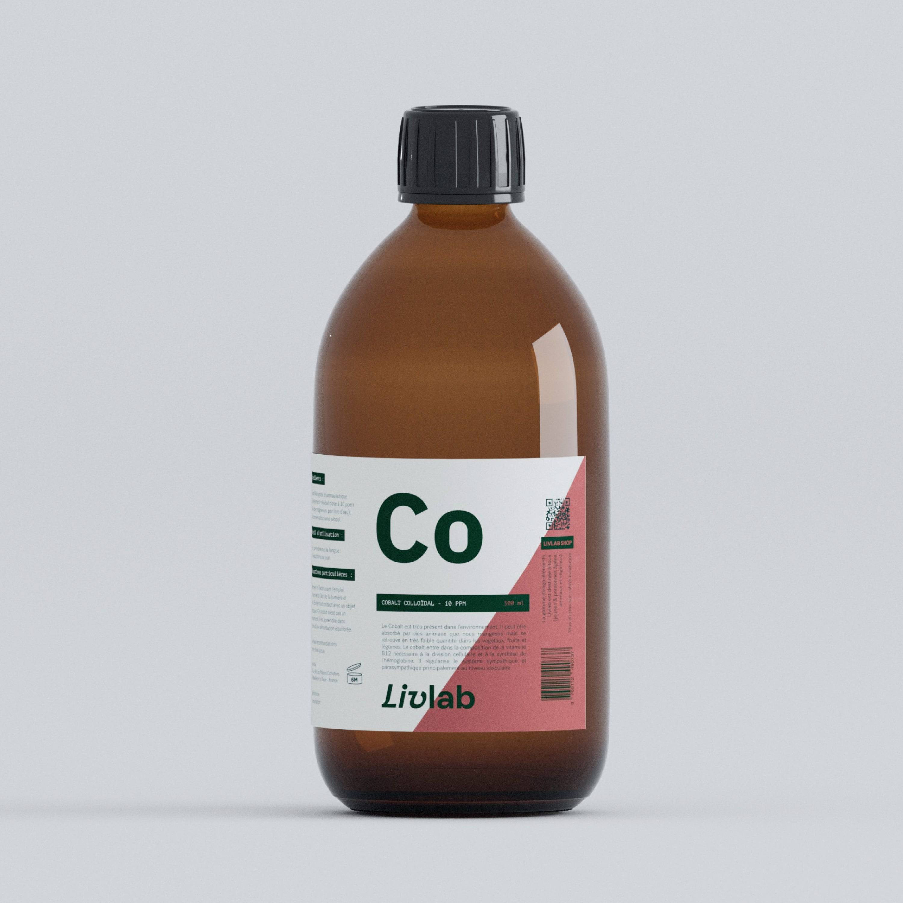 Cobalt colloidal solution 10 PPM in a 500 ml bottle by Livlab, showcasing the clear liquid and label design.