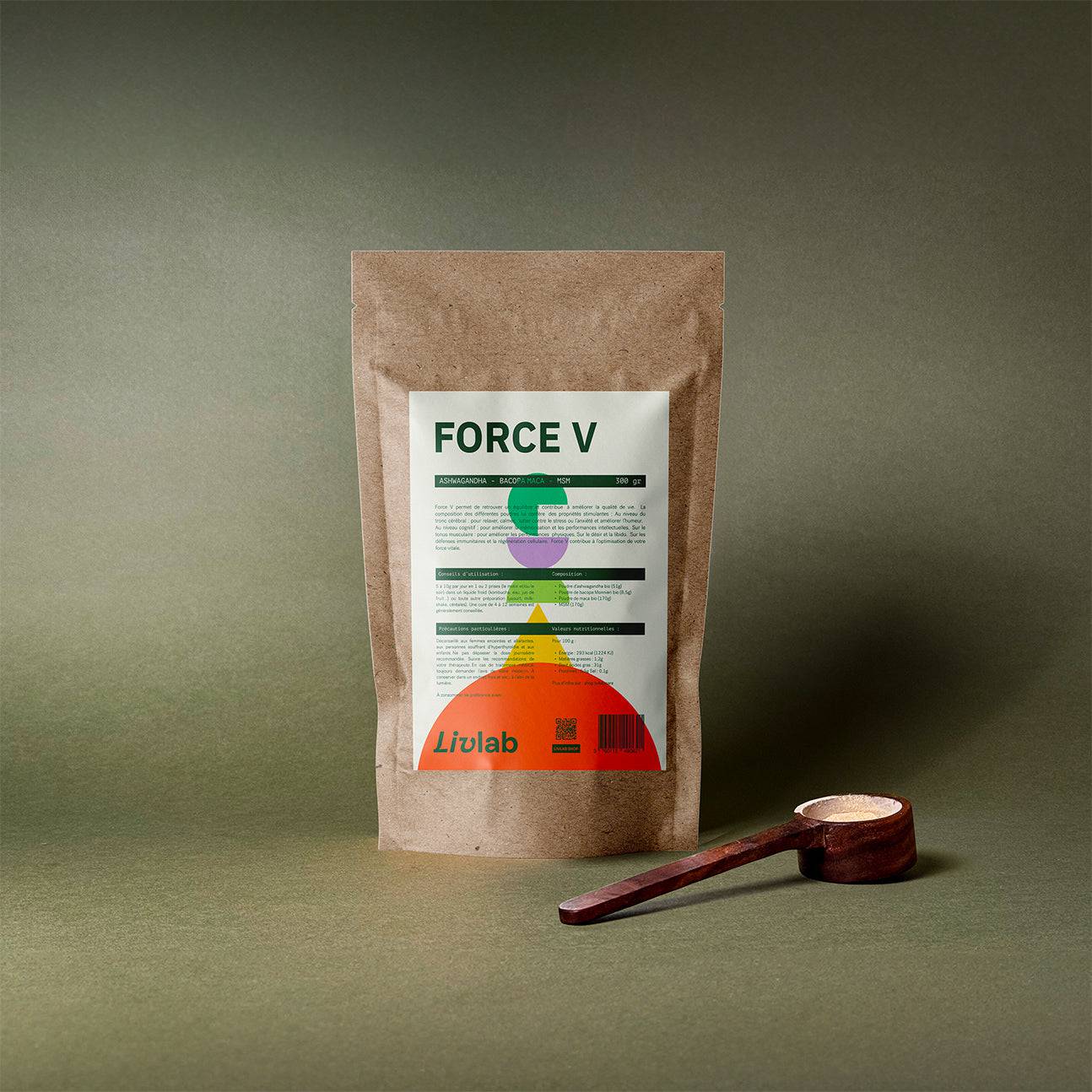 Livlab Force V - Cure vitalité powder in a clear container with a scoop, showcasing its vibrant color and texture.