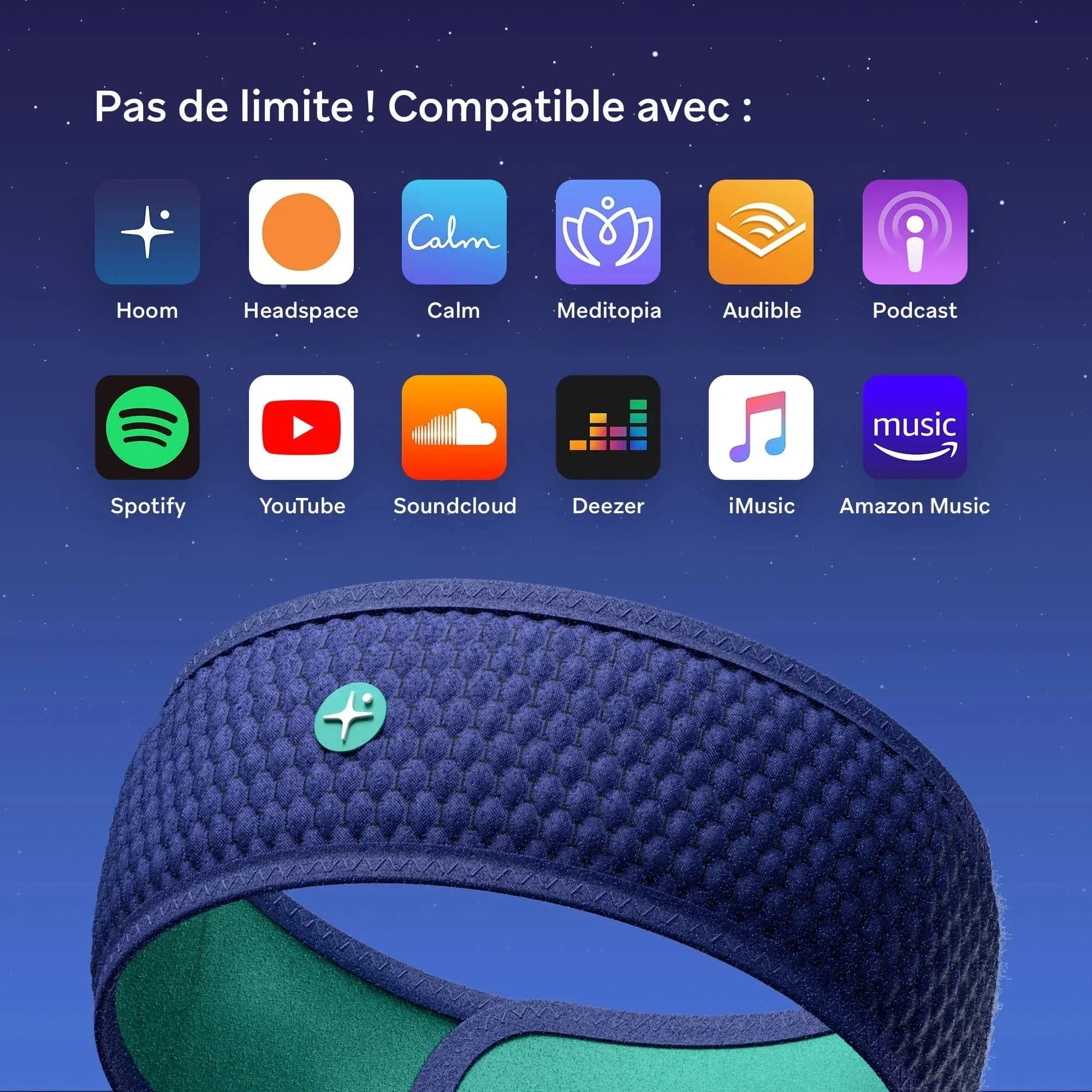 Dark blue sleep headband with app icons showing compatibility for music and meditation