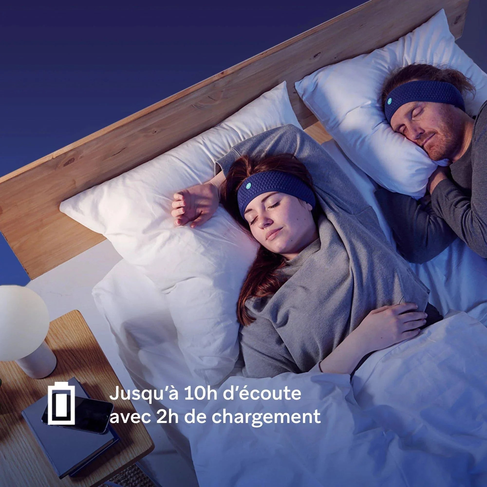 Couple sleeping in bed wearing Bluetooth sleep headphones, bedside lamp and text overlay.