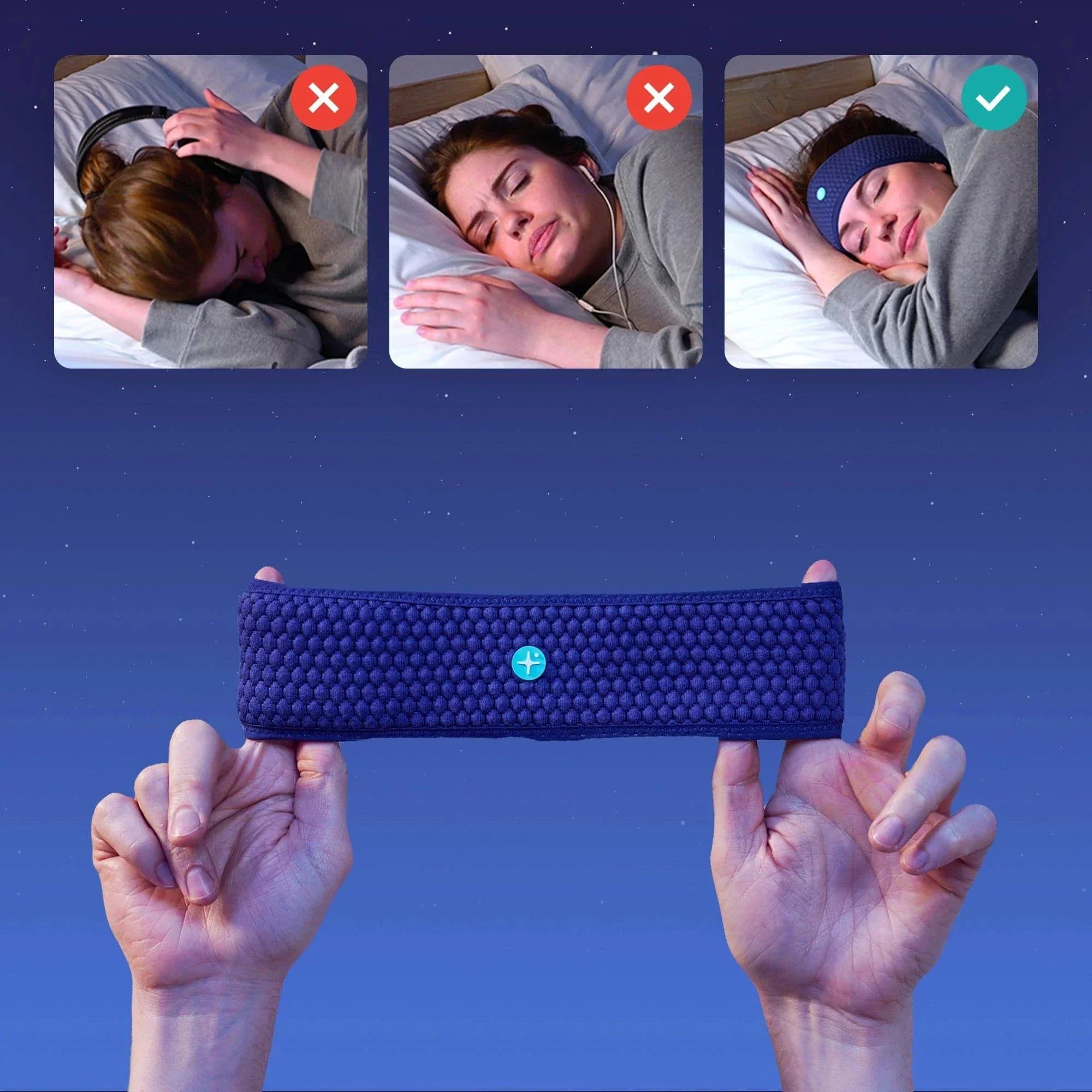 Comparison of sleeping with headphones, earbuds, and a blue sleep headband for comfort