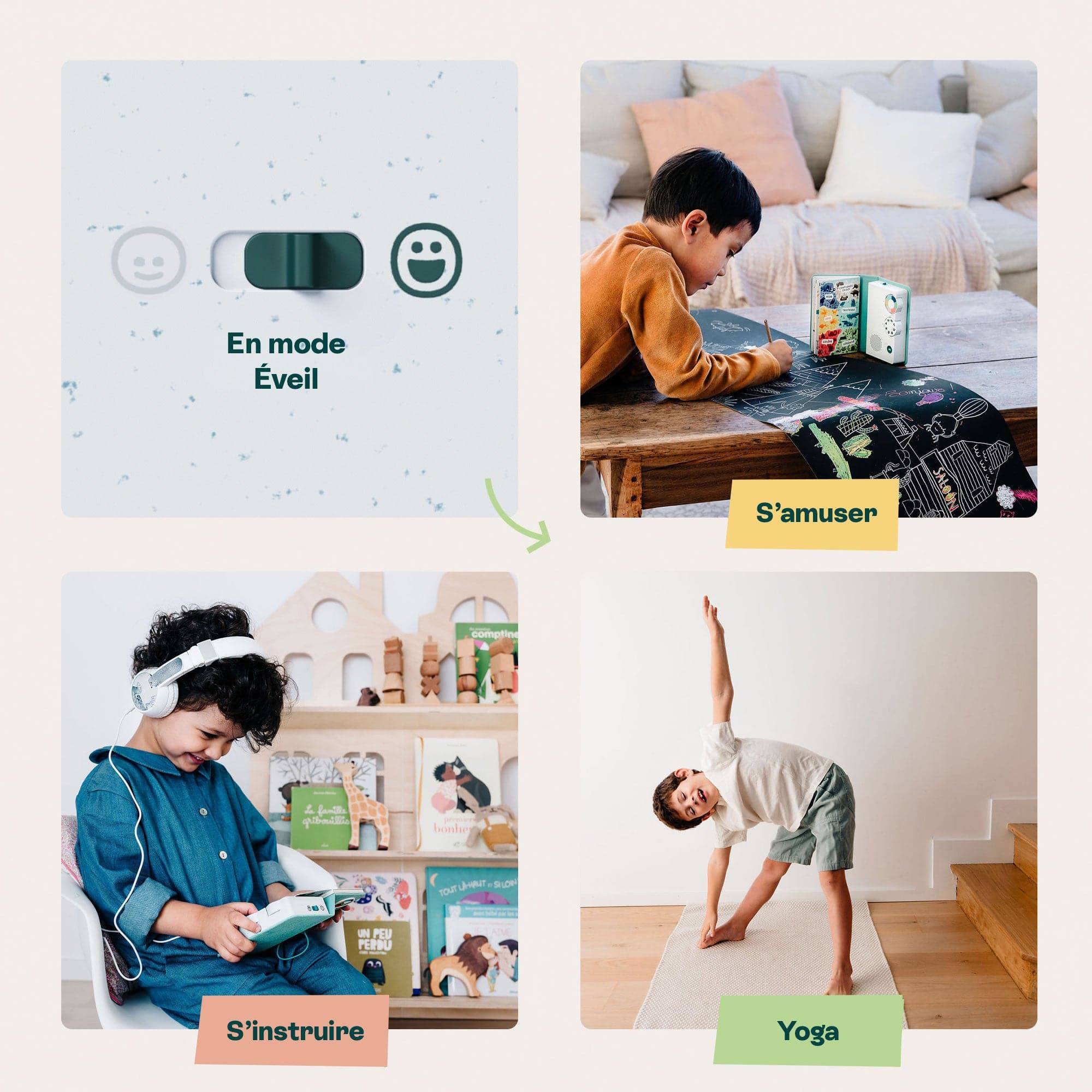HoomKid story box for children ages 3-10, featuring sleep and emotions themes, with included headphones.