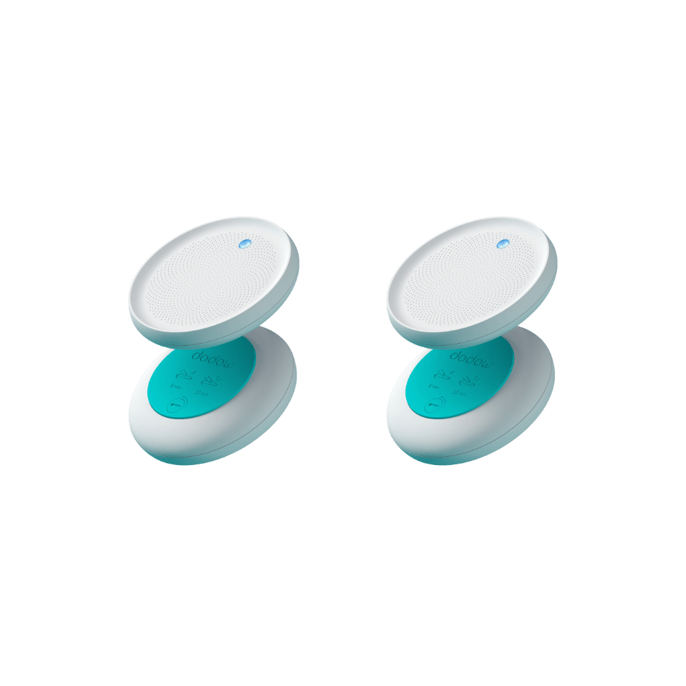 Dodow sleep aid by Livlab, two devices in a sleek design, promoting relaxation and improved sleep in 8 minutes.